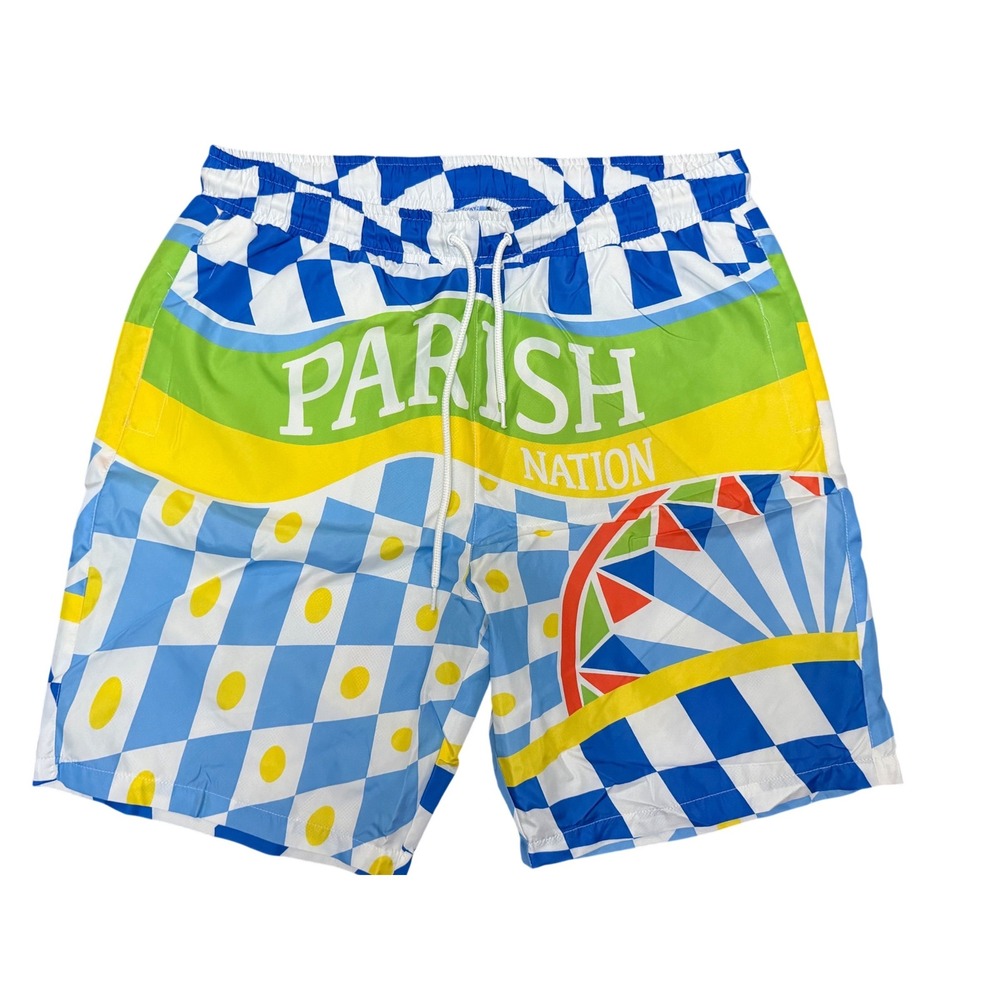 Parish Nation Mens XL Swim Trunks Blue Yellow Geometric Graphic Mesh Shorts
